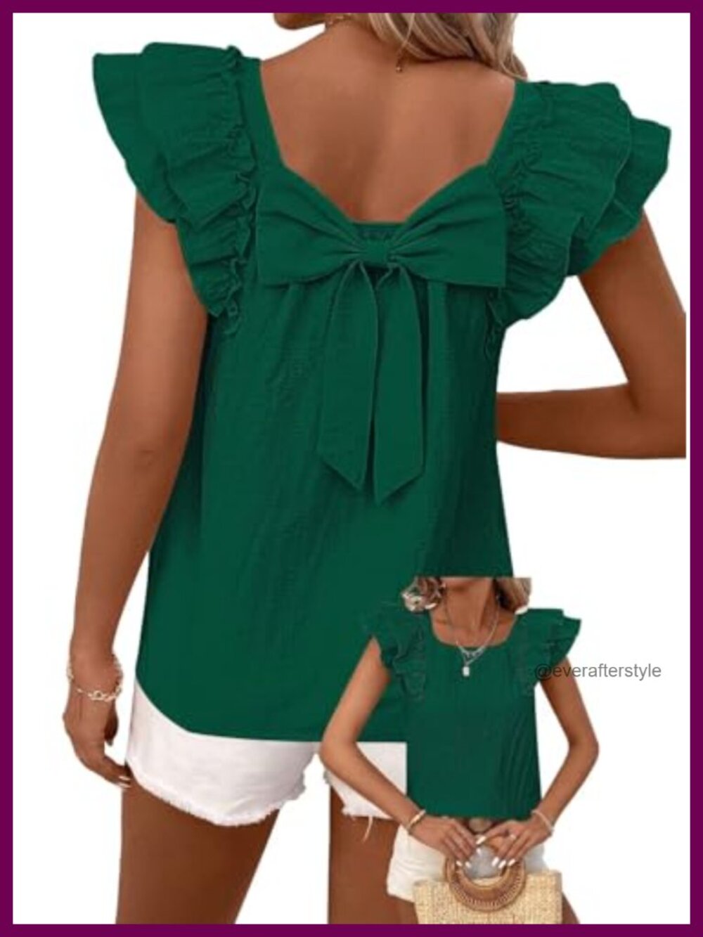 Womens Bow Tie Back Babydoll V-Neck Ruffle Sleeve Blouse